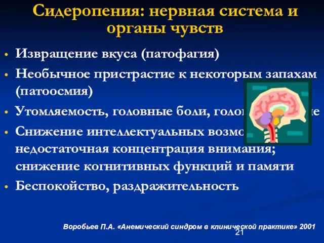 Сидеропения: нервная система и органы чувств Извращение вкуса (патофагия) Необычное