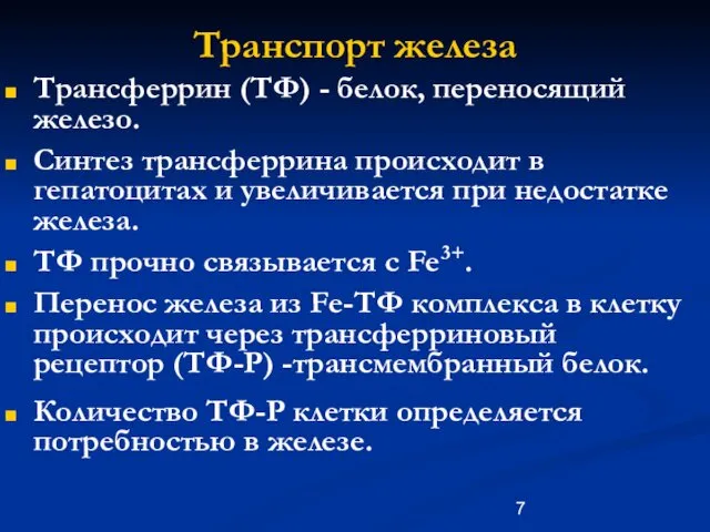 Трансферрин (ТФ) - белок, переносящий железо. Синтез трансферрина происходит в