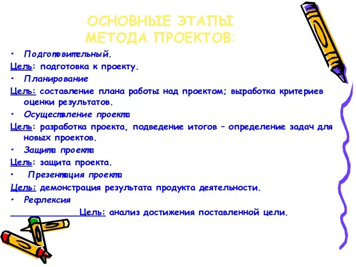 ОСНОВНЫЕ ЭТАПЫ МЕТОДА ПРОЕКТОВ: Подготовительный. Цель: подготовка к проекту. Планирование