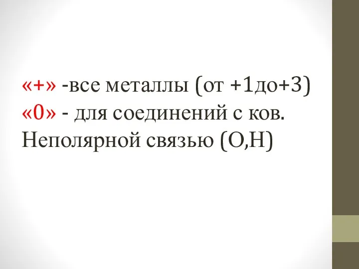 «+» -все металлы (от +1до+3) «0» - для соединений с ков. Неполярной связью (О,Н)