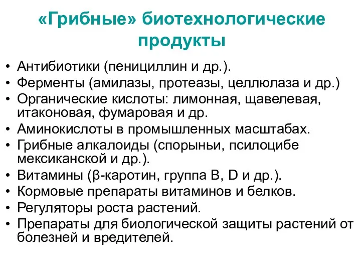 «Грибные» биотехнологические продукты Антибиотики (пенициллин и др.). Ферменты (амилазы, протеазы,