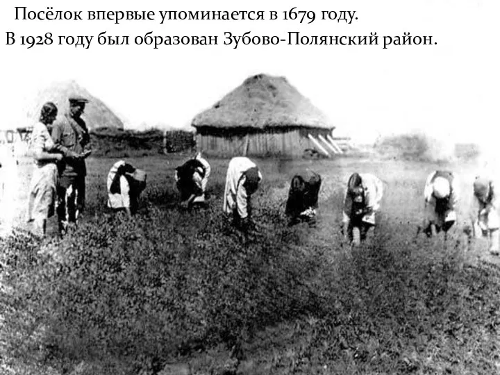 Посёлок впервые упоминается в 1679 году. В 1928 году был образован Зубово-Полянский район.