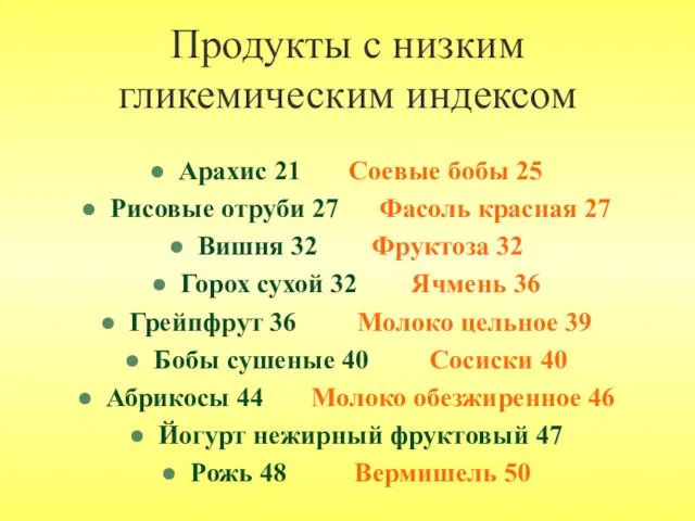 Продукты с низким гликемическим индексом Арахис 21 Соевые бобы 25