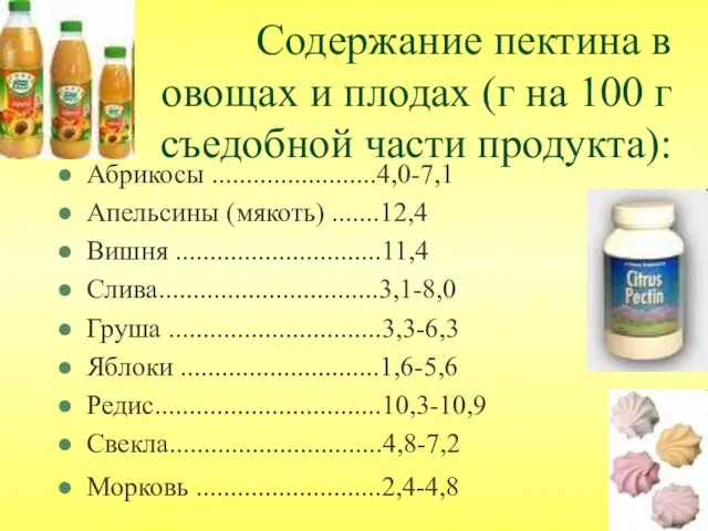 Содержание пектина в овощах и плодах (г на 100 г съедобной части продукта):