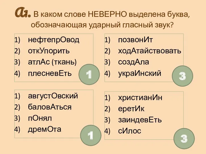 А1. В каком слове НЕВЕРНО выделена буква, обозначающая ударный гласный