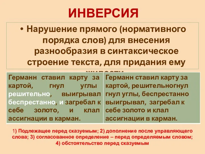 ИНВЕРСИЯ Нарушение прямого (нормативного порядка слов) для внесения разнообразия в