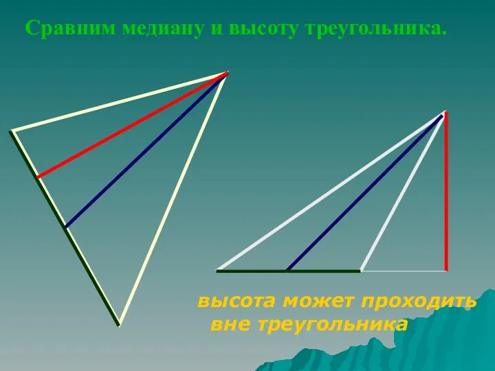 Сравним медиану и высоту треугольника. высота может проходить вне треугольника