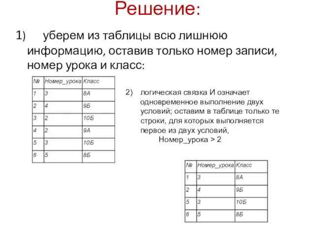 Решение: 1) уберем из таблицы всю лишнюю информацию, оставив только номер записи, номер