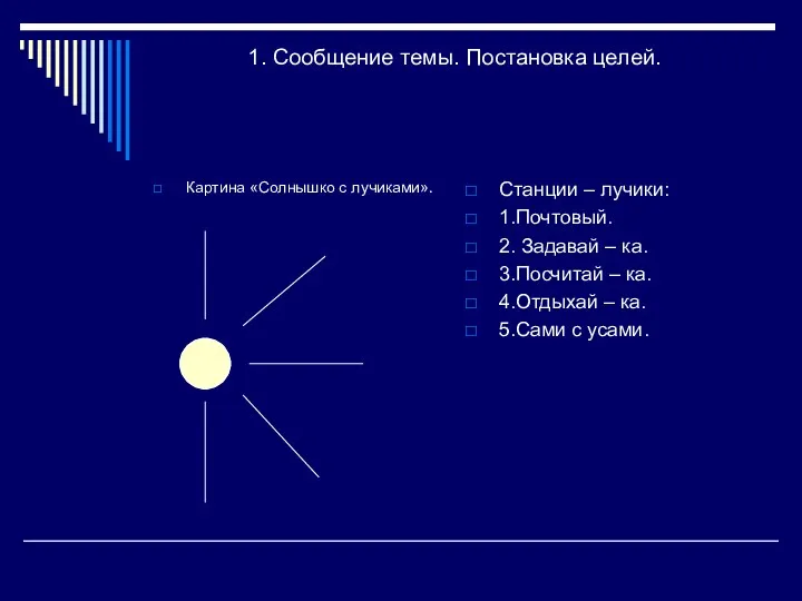 1. Сообщение темы. Постановка целей. Картина «Солнышко с лучиками». Станции