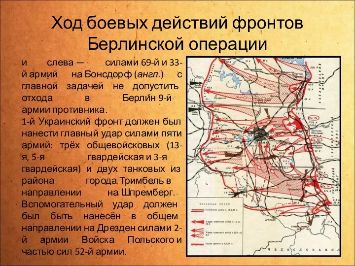 Ход боевых действий фронтов Берлинской операции и слева — силами