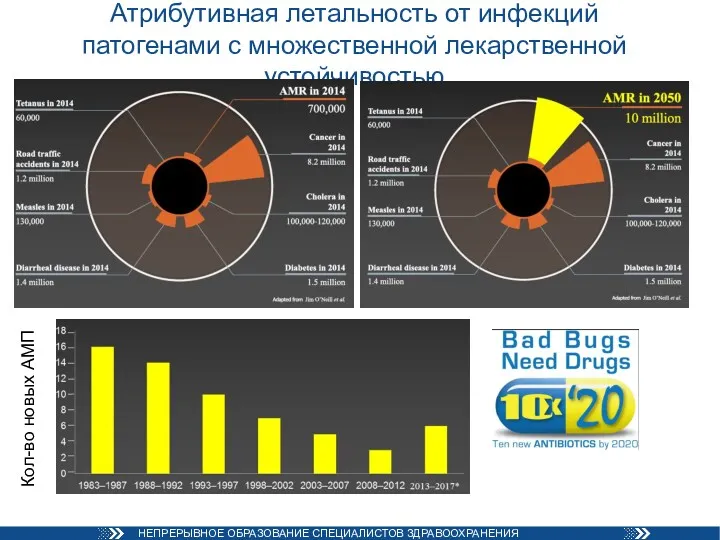 Атрибутивная летальность от инфекций патогенами с множественной лекарственной устойчивостью Кол-во новых АМП