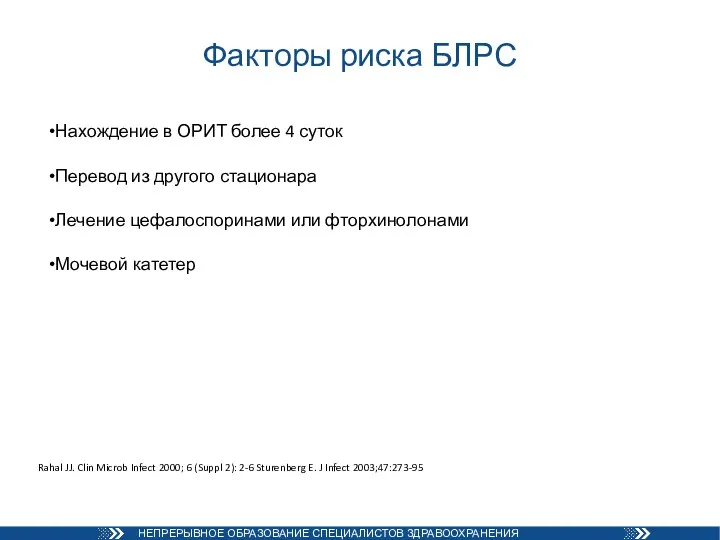 Факторы риска БЛРС Нахождение в ОРИТ более 4 суток Перевод