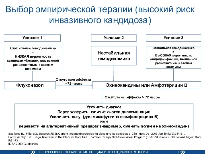 Выбор эмпирической терапии (высокий риск инвазивного кандидоза) Нестабильная гемодинамика Эхинокандины