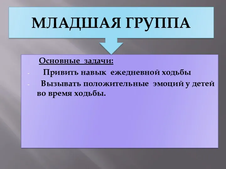 Основные задачи: Привить навык ежедневной ходьбы Вызывать положительные эмоций у детей во время ходьбы. МЛАДШАЯ ГРУППА