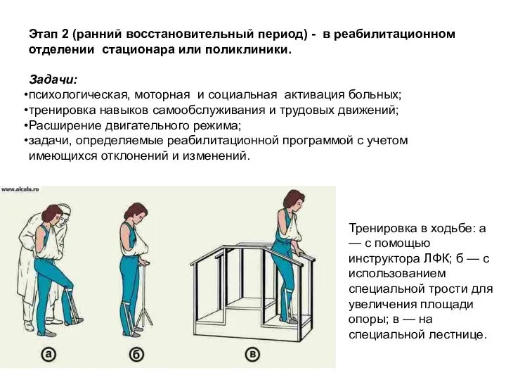 Этап 2 (ранний восстановительный период) - в реабилитационном отделении стационара или поликлиники. Задачи: