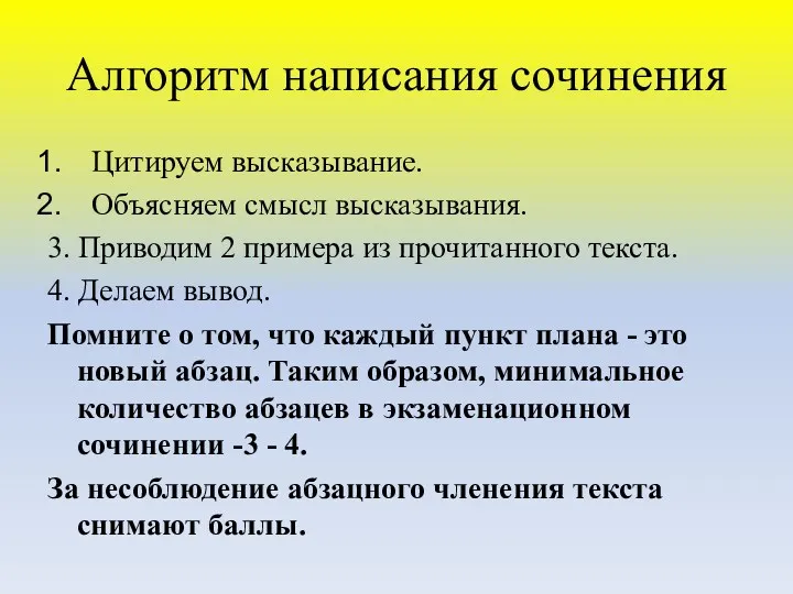 Алгоритм написания сочинения Цитируем высказывание. Объясняем смысл высказывания. 3. Приводим