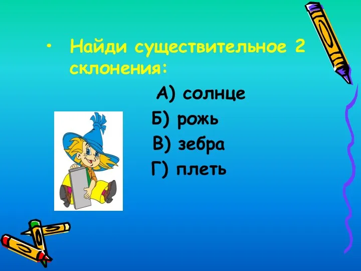 Найди существительное 2 склонения: А) солнце Б) рожь В) зебра Г) плеть