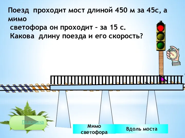Вдоль моста Мимо светофора Поезд проходит мост длиной 450 м за 45с, а