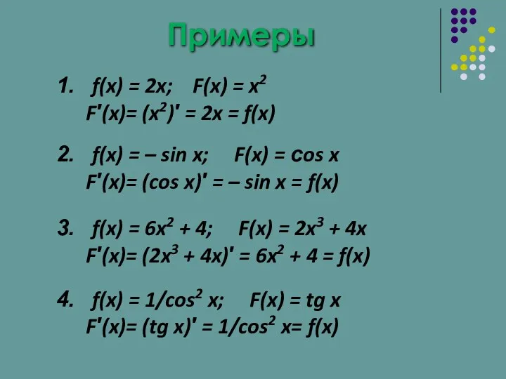 Примеры f(x) = 2x; F(x) = x2 F′(x)= (x2)′ =