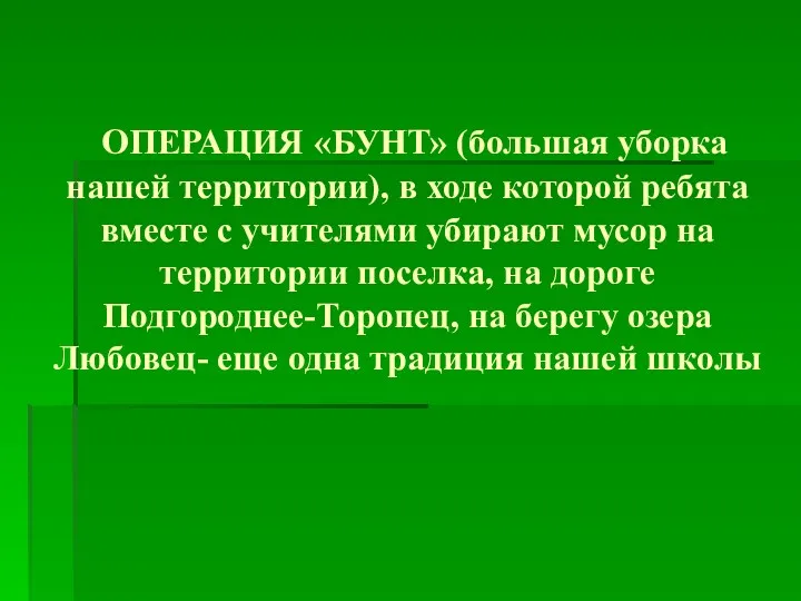 ОПЕРАЦИЯ «БУНТ» (большая уборка нашей территории), в ходе которой ребята