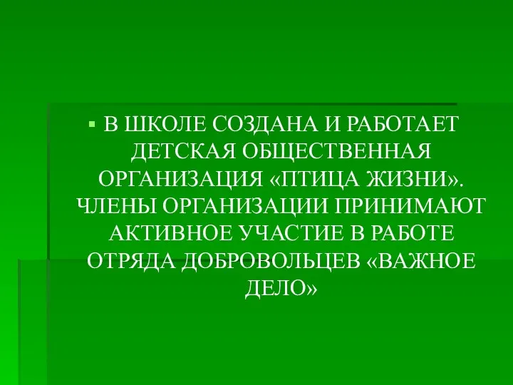 В ШКОЛЕ СОЗДАНА И РАБОТАЕТ ДЕТСКАЯ ОБЩЕСТВЕННАЯ ОРГАНИЗАЦИЯ «ПТИЦА ЖИЗНИ».