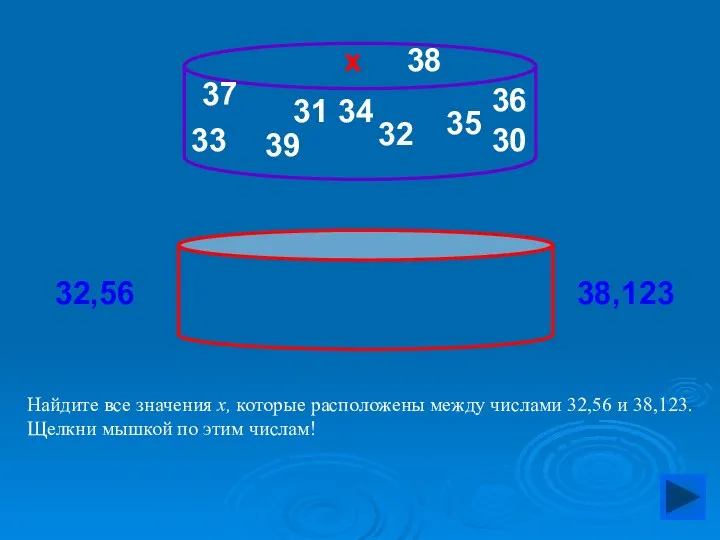 33 Найдите все значения х, которые расположены между числами 32,56 и 38,123. Щелкни