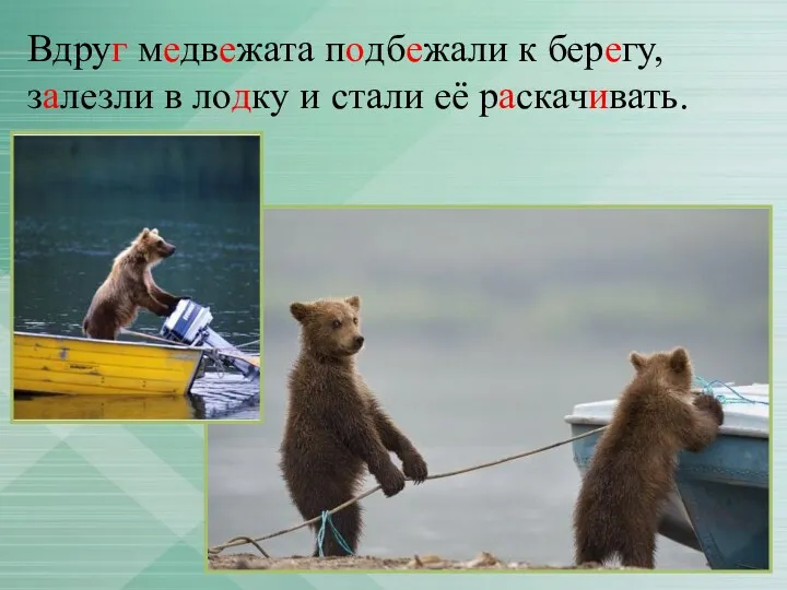 Вдруг медвежата подбежали к берегу, залезли в лодку и стали её раскачивать.
