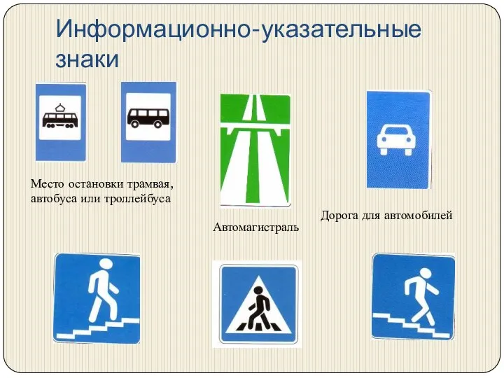Информационно-указательные знаки Дорога для автомобилей Место остановки трамвая, автобуса или троллейбуса Автомагистраль