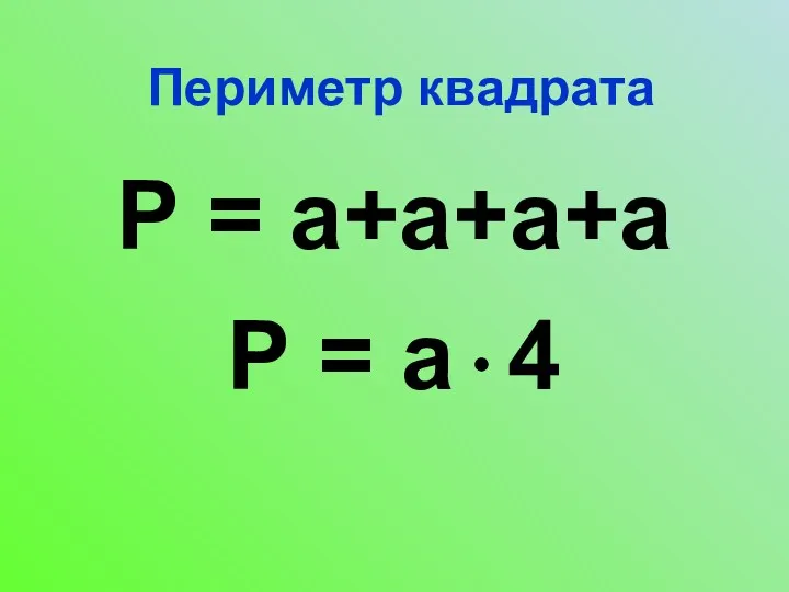 Периметр квадрата Р = а+а+а+а Р = а 4