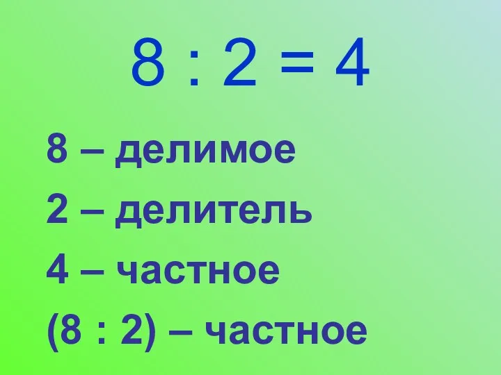 8 : 2 = 4 8 – делимое 2 –