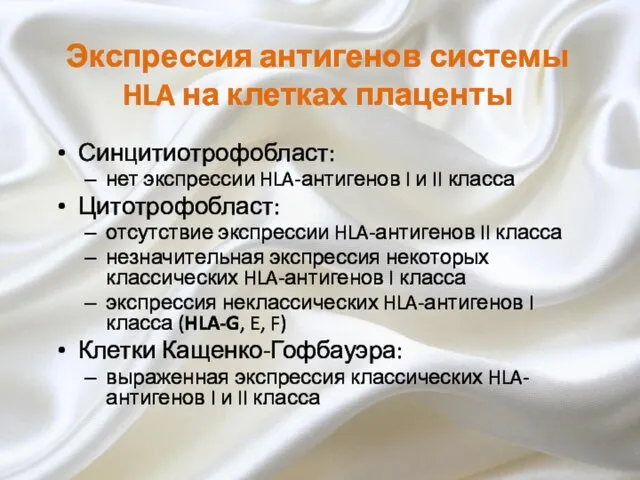 Экспрессия антигенов системы HLA на клетках плаценты Синцитиотрофобласт: нет экспрессии