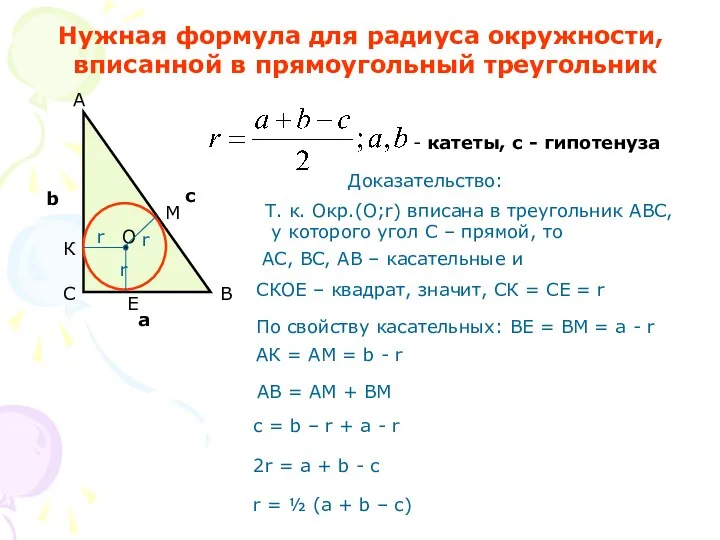 Нужная формула для радиуса окружности, вписанной в прямоугольный треугольник Доказательство: