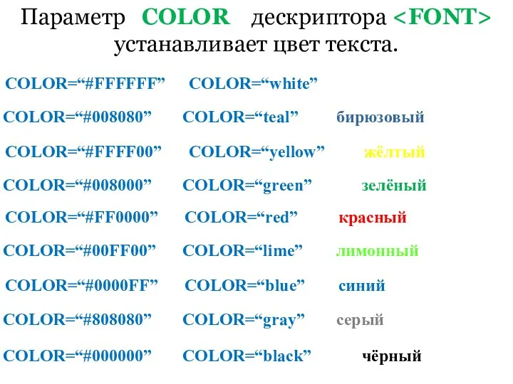 Параметр COLOR дескриптора устанавливает цвет текста. COLOR=“#FFFFFF” COLOR=“white” белый COLOR=“#008080”