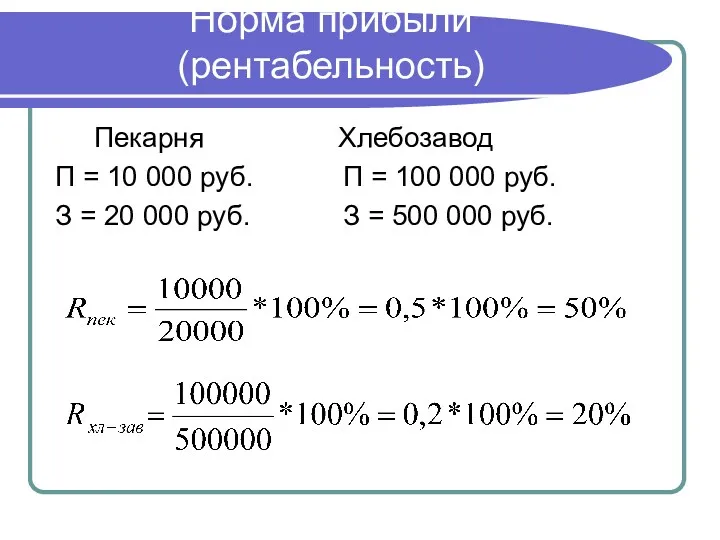 Норма прибыли (рентабельность) Пекарня Хлебозавод П = 10 000 руб.