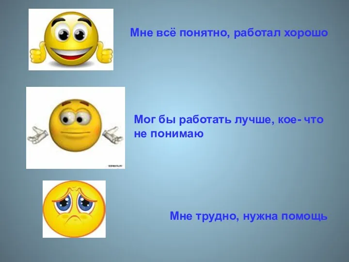 Мне всё понятно, работал хорошо Мне трудно, нужна помощь Мог