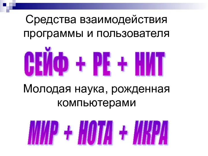 Молодая наука, рожденная компьютерами МИР + НОТА + ИКРА Средства взаимодействия программы и