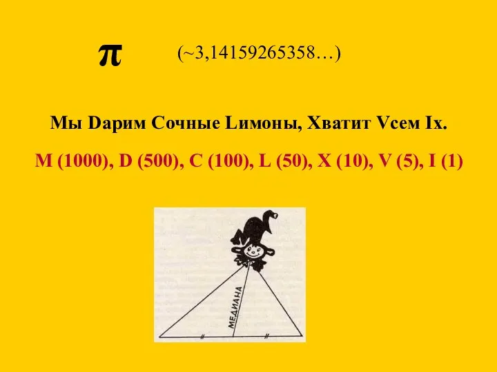 π Мы Dарим Сочные Lимоны, Хватит Vсем Iх. (~3,14159265358…) M (1000), D (500),