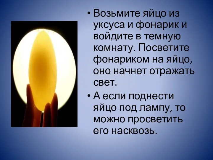 Возьмите яйцо из уксуса и фонарик и войдите в темную комнату. Посветите фонариком