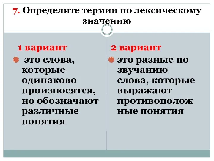 7. Определите термин по лексическому значению 1 вариант это слова,