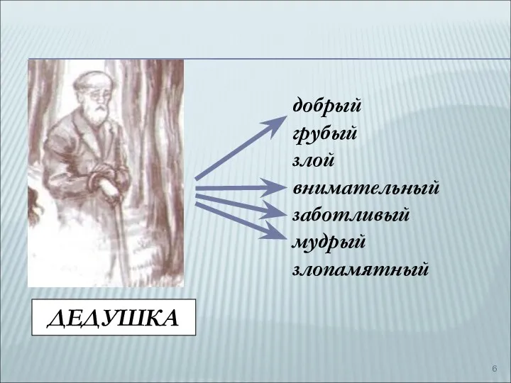 добрый грубый злой внимательный заботливый мудрый злопамятный ДЕДУШКА