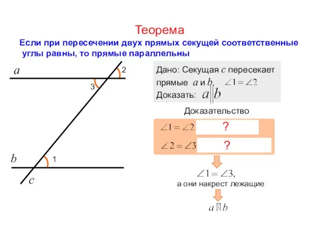 Теорема Если при пересечении двух прямых секущей соответственные углы равны, то прямые параллельны