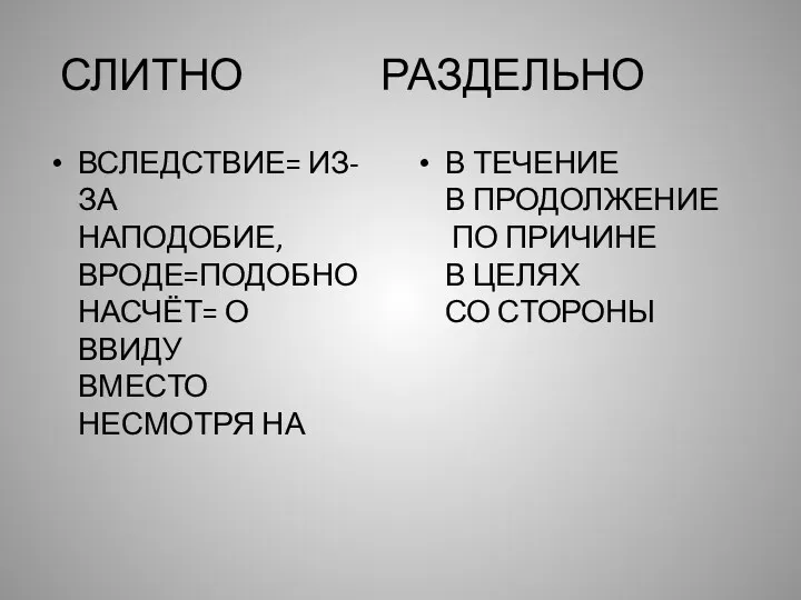 СЛИТНО РАЗДЕЛЬНО ВСЛЕДСТВИЕ= ИЗ-ЗА НАПОДОБИЕ, ВРОДЕ=ПОДОБНО НАСЧЁТ= О ВВИДУ ВМЕСТО