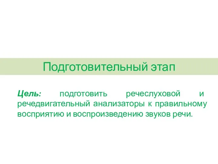 Подготовительный этап Цель: подготовить речеслуховой и речедвигательный анализаторы к правильному восприятию и воспроизведению звуков речи.