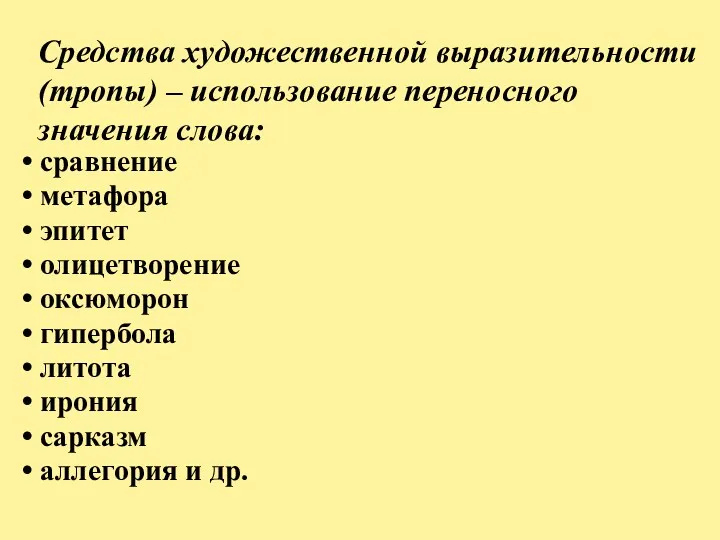 Средства художественной выразительности (тропы) – использование переносного значения слова: сравнение