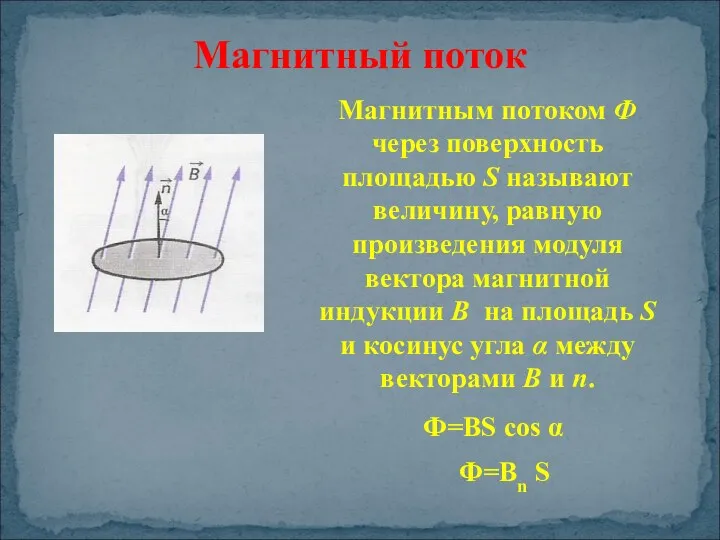 Магнитным потоком Ф через поверхность площадью S называют величину, равную