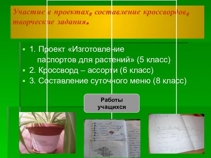 Участие в проектах, составление кроссвордов, творческие задания. 1. Проект «Изготовление