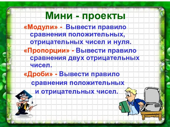 Мини - проекты «Модули» - Вывести правило сравнения положительных, отрицательных чисел и нуля.