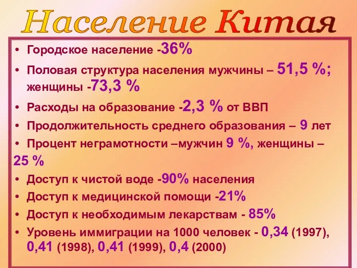 Городское население -36% Половая структура населения мужчины – 51,5 %;