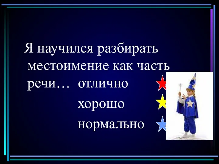 Я научился разбирать местоимение как часть речи… отлично хорошо нормально