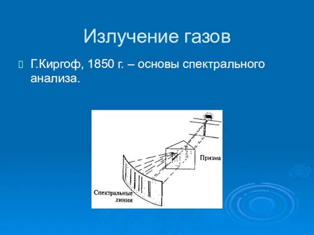 Излучение газов Г.Киргоф, 1850 г. – основы спектрального анализа.